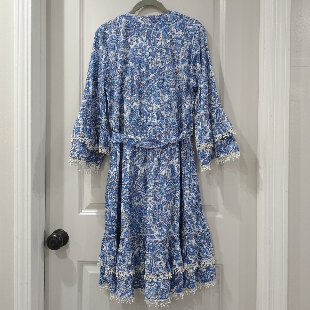 Cottage Core Blue White Paisley Dress Lace Trim, Bell Sleeves, Tiered Hem - Picture 11 of 16